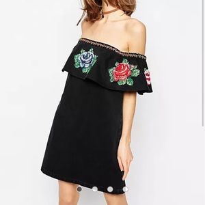 Denim Embroidered Bardot Off-The-Shoulder Dress